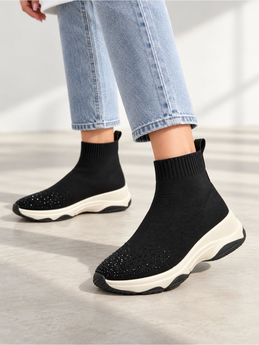 Black Sock Sneaker with Cream Sole - Women's Knit Slip-On